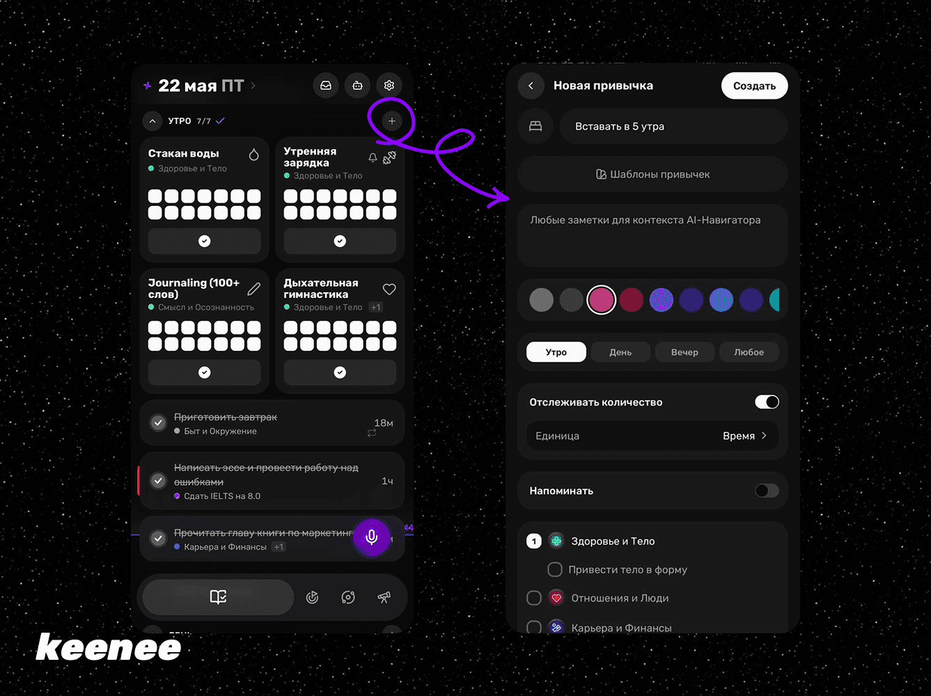 Трекер привычек в приложении keenee